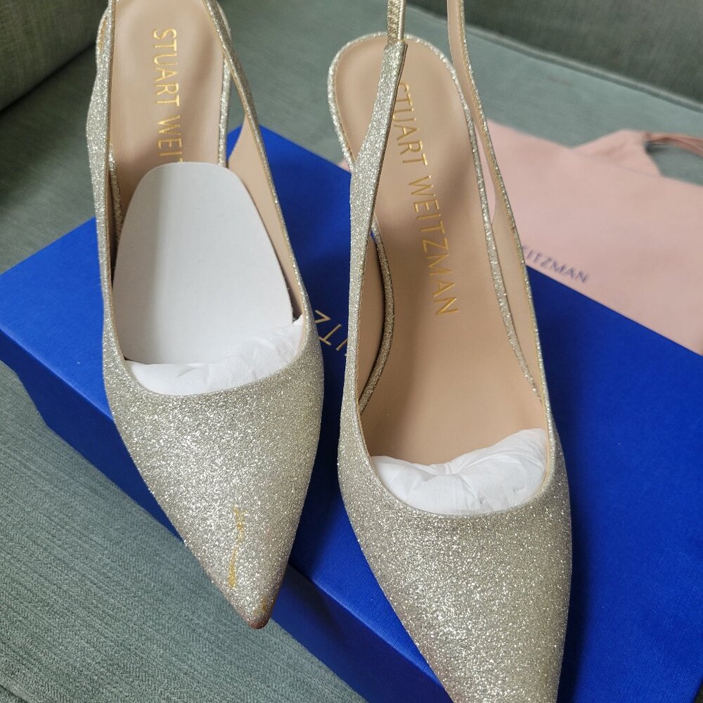 Stuart Weitzman Womens Linsi 75 Slingback Pump, Silver Glitter, Sz 8.  NEW